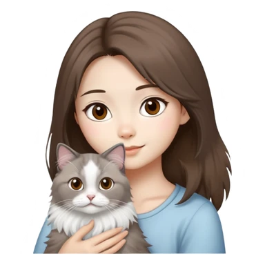 Asian girl brown hair girl with brown eyes with a grey and white seal fluffy ragdoll cat  sticker