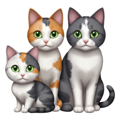 3 different coloured small cats including a dark grey and white, and a patchy calico with hazel eyes  and a completely solid dark grey with green eyes and only white paws sticker