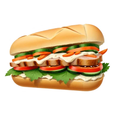 traditional banh mi with char grilled pork


    Very crusty baguette

    Mayo 

    Pickled carrot 

    Cucumber, coriander/cilantro, green onion, chilli 
 sticker