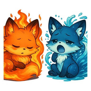 Transform the magical chibi fox duo into elemental beings: one fox with fire powers featuring flames and a fiery aura, the other with water powers featuring waves and a water aura. Keep the background transparent. sticker