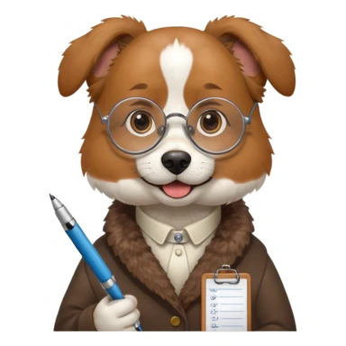 Friendly dog with clipboard and pen, wearing round spectacles.
 sticker