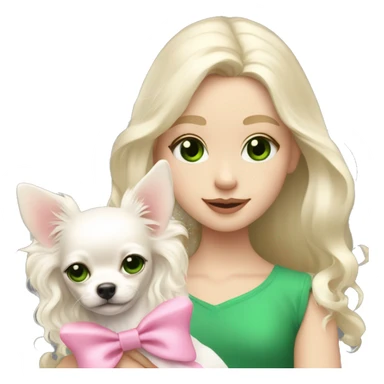 pale blond girl with wavy long platinum hair with green eyes holding a white chihuahua puppy that wearing a pink bow sticker