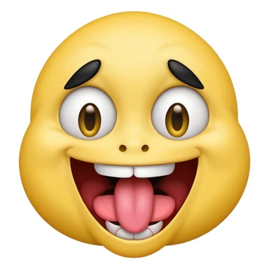Freaky yellow face emoji smiling really big with huge tongue out and eyes wide open. Tongue should is wagging back and forth. Give him a full head of black hair sticker