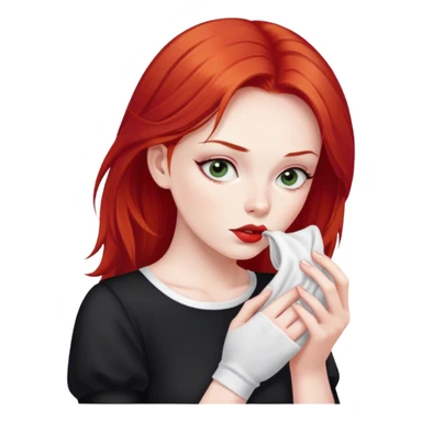 a woman with red hair and red eyes sniffing a white sock. The woman wear a black  dress sticker