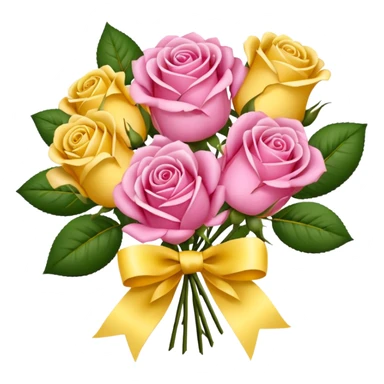 A bouquet of flowers, composed of pink and yellow roses, four blooms in total, tied with ribbon. sticker