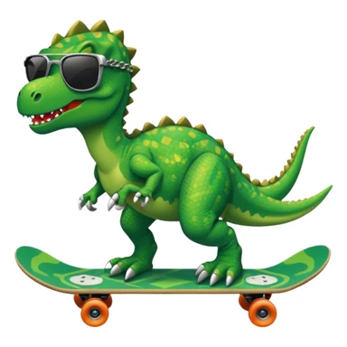 Green dinosaur on a skateboard with a chain and pixel sunglasses sticker