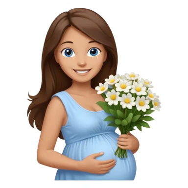 Create a cute emoji-style illustration of a young brunette woman with long brown hair, blue eyes, and a happy smile. She is pregnant, shown with a visible baby bump, wearing a simple white dress and holding a small bouquet of flowers. She looks excited and joyful, as if she's about to marry soon. sticker