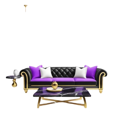 Luxurious black marble living room with gold and white accents and with a purple pillow  sticker
