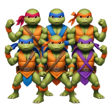 Give me a picture of 4 teenage mutant ninja turtles. Make them hold a fighting pose. Their bandana colors should be red, another orange, another purple, another blue. sticker