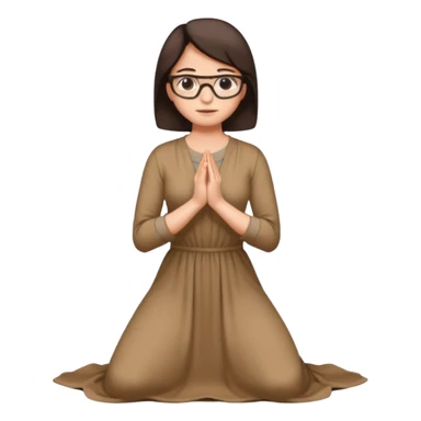 A woman kneeling praying, in a long dress, short dark brown hair, glasses  sticker