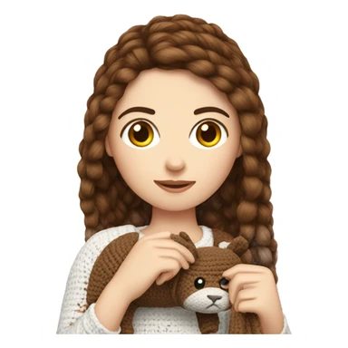 White girl with straight brown hair crocheting an animal sticker