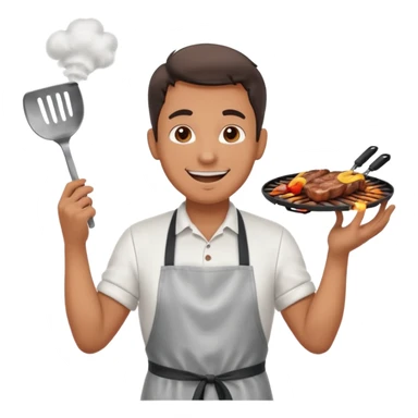A cheerful man in an apron flipping meat on a sizzling grill with smoke puffing upward. sticker