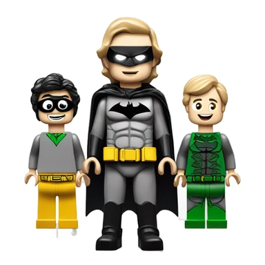 batman boy boy 3 lego-like figures in a family portrait style image on a plain white background>

A man in a batman costume stands in the back, with 2 young  boys in plain clothes in front of him. sticker