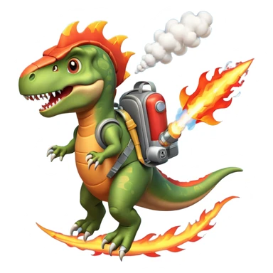 rocket-propelled dinosaur character, cute T-rex, rocket pack on its back, flames and smoke trail, dynamic flying pose, 3D cartoon, mobile game icon style, clean background, no text, no watermark
 sticker