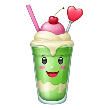 Cute emoji-style illustration of a green soda float with ice, vanilla ice cream scoop, two red cherries, pink heart-shaped straw, simple shapes, bright colors, glossy, kawaii style, centered, transparent background
 sticker