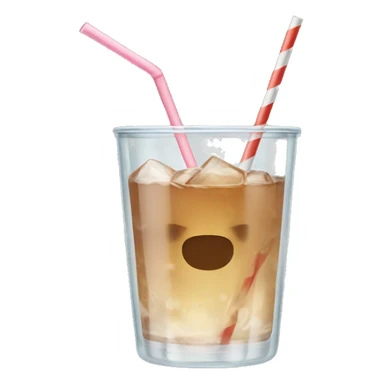 Clear glass cup with light brown drink, ice, and straw sticker