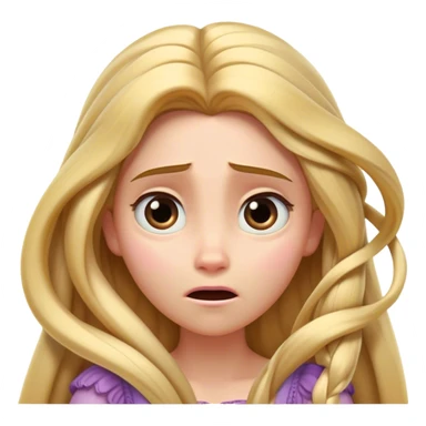Cinematic Funny Rapunzel Portrait Emoji, Looking exhausted while tangled in her own hair, a dramatic sigh, eyes rolling with humorous exasperation, a hilariously relatable moment for the long-haired princess! sticker