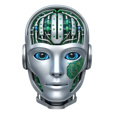 An icon featuring a humanoid robot head, neural network connections, and binary code, symbolizing artificial intelligence. The design includes a brain with circuits and machine learning algorithms, representing the study and development of intelligent systems. Transparent background  sticker