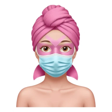 Clean girl influencer character, chest-up portrait, pink head towel, half-face facial mask, minimal self-care look, clean modern illustration sticker