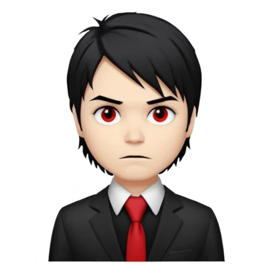 Gerard Way (Revenge Era)
Round, simplified emoji style
Pale skin tone dark eyes
Jet-black, shoulder-length hair messy and emo
Heavy eyeliner and slight red shadow under the eyes
Subtle serious
Hint of red tie visible on black button up shirt.
Transparent background. Black eyeliner. Messy emo hair sticker