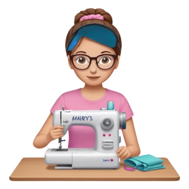 Woman with glasses and brown hair in pink t shirt meme with messy bun using a sewing machine add the words Mary’s Jellyroll Creations on the bottom sticker