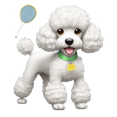 a poodle playing badminton with visible shuttlecock sticker