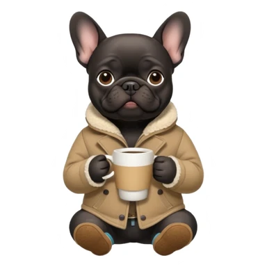 black frenchie with north face coat and uggs with coffee sticker