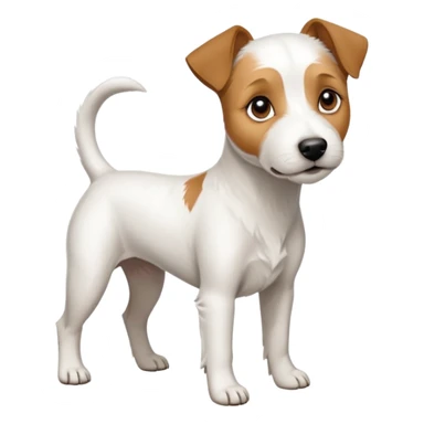 a full body white parson russell looking dog the size of a kelpie with light brown ears and a light brown patch on one eye and a large snout sticker