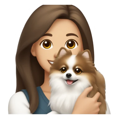 beige and white Pomeranian in the hands of a white young woman with dark brown hair smiling and cuddling the dog  sticker