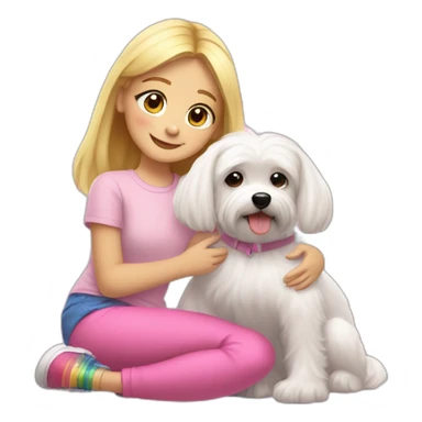 A girl with blonde hair in a ligh pink T-shirt and rainbow leggings hugs a maltese dog sticker