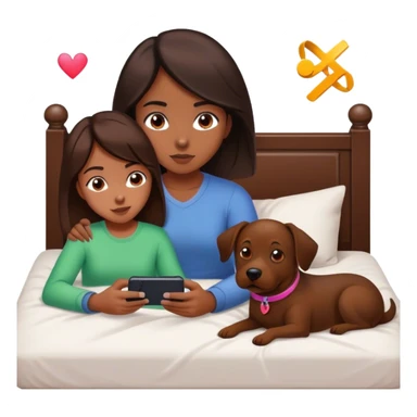 A girl with dark medium brown hair, laser on her bed with her dog, who who is medium brown playing on her phone with her boyfriend with her PlayStation laying beside of her heart is flying all around sticker