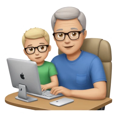 Middle aged man with glasses working at his desk, with his child sitting behind him on the headrest of his chair looking at his computer sticker