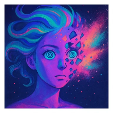 surreal portrait, neon skin, dissolving face with airbrush color explosion, hair as liquid color swirls like aurora, spiral eyes, geometric shapes breaking through face, paint spray effect, acid purple, turquoise, electric pink, smooth blending, dynamic movement sticker