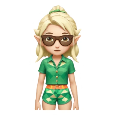 elf female legolas portrait, patterned board shorts (geometric/abstract), unique wooden-framed sunglasses, undercut hairstyle, slight smirk, visible pointy ears, no background, centered emoji, hipster summer vibe coctails sticker
