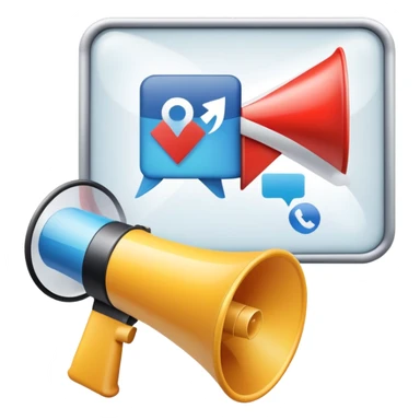 An icon featuring a megaphone, a billboard, and social media icons, symbolizing advertising and public relations. The design includes a press release and a rising graph, representing brand promotion and communication strategies. Transparent background highlights media influence and outreach. sticker