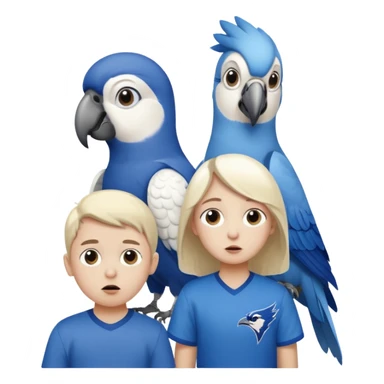 two children, one tall girl and one little boy and a white parrot watching blue jays game, with look of horror on their face sticker