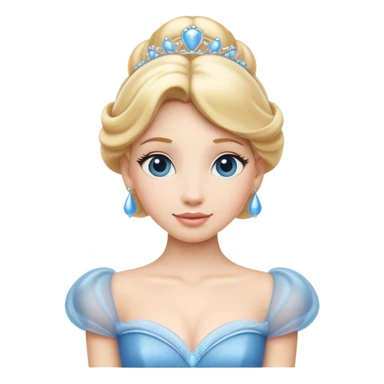 Cinematic Elegant Cinderella Portrait Emoji, rendered in a beautifully detailed, vector-style with minimal shading and bold, simplified shapes. Depict Cinderella in her classic ball gown (chest and above) with fair, porcelain skin and elegantly styled blonde hair, her eyes soft and kind, and her expression serene and graceful. The design glows with a gentle, enchanting radiance and high shine, capturing the timeless beauty of a fairy tale princess. sticker