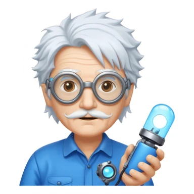A quirky old inventor with wild white hair, goggles, and a glowing gadget in hand.
 sticker
