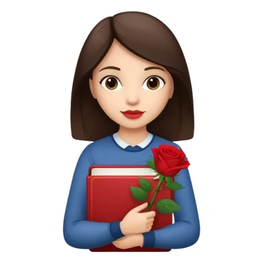Brunette holds a stack of books + flower sticker
