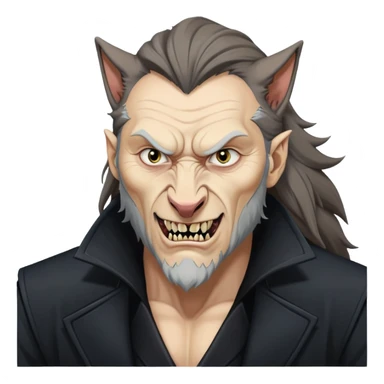 Fenrir Greyback in harry potter, black open chest coat, wolf face, pointed ear, bared teeth sticker