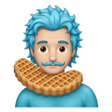 Crée un homme sirène avec une queue bleu turquoise et des long cheveux bouclé chatin en train de manger une gaufre  sticker