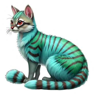 Colorful exotic shiny striped blue-cyan-green-gradients-colored fur coat with red markings tropical glorious iridescent divine exotic cute cool beautiful realistic caracal-civet-genet-sergal-vernid-Cacomistle-Trico-oncilla-animal-Fakémon-hybrid-fursona (full body) sticker