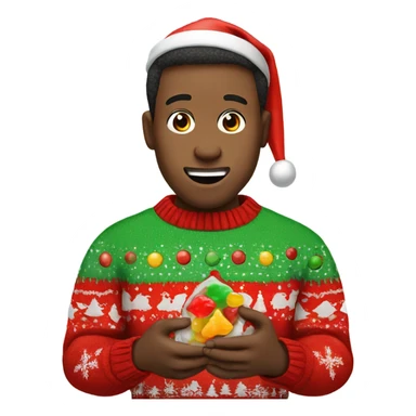 Guy in Christmas sweater eating a gummy sticker