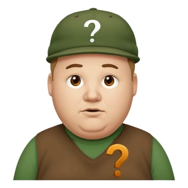 white fat man with brown cap and green t shirt printeed a question mark sticker