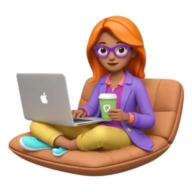 3D clay woman character relaxed with laptop and coffee in Paris, floating icons (dollars), colofrful modern outfit, white laptop, Pixar style, transparent background sticker