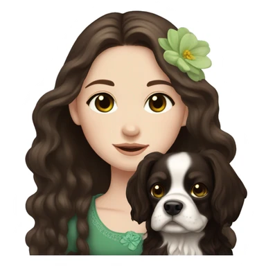 pale skin girl with green eyes with long dark brown hair that has a flower in her hair  holding a black and brown cavalier dog the dog also has a flower in its hair sticker