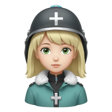 a cute anime girl with short blonde hair and soft bangs, large light blue eyes, and a gentle, calm expression. She is wearing a dark gray helmet with a small cross symbol on the front and a green coat with a fluffy white fur collar. Minimalistic, soft, and innocent character design. sticker