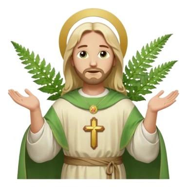 Jesus, green eyes, blonde hair, light green chasuble. opening arms, gazing thoughtfully. Soft light, subtle fern. Waist-up, profile. sticker