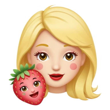 Emoji coquette, winking face with tiny strawberry sticker on cheek, fluttering eyelashes, pastel peach background, minimal vector, 512x512, transparent background
 sticker