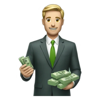 A businessman holding an iPhone with a green screen in one hand and a pack of money in the other hand sticker